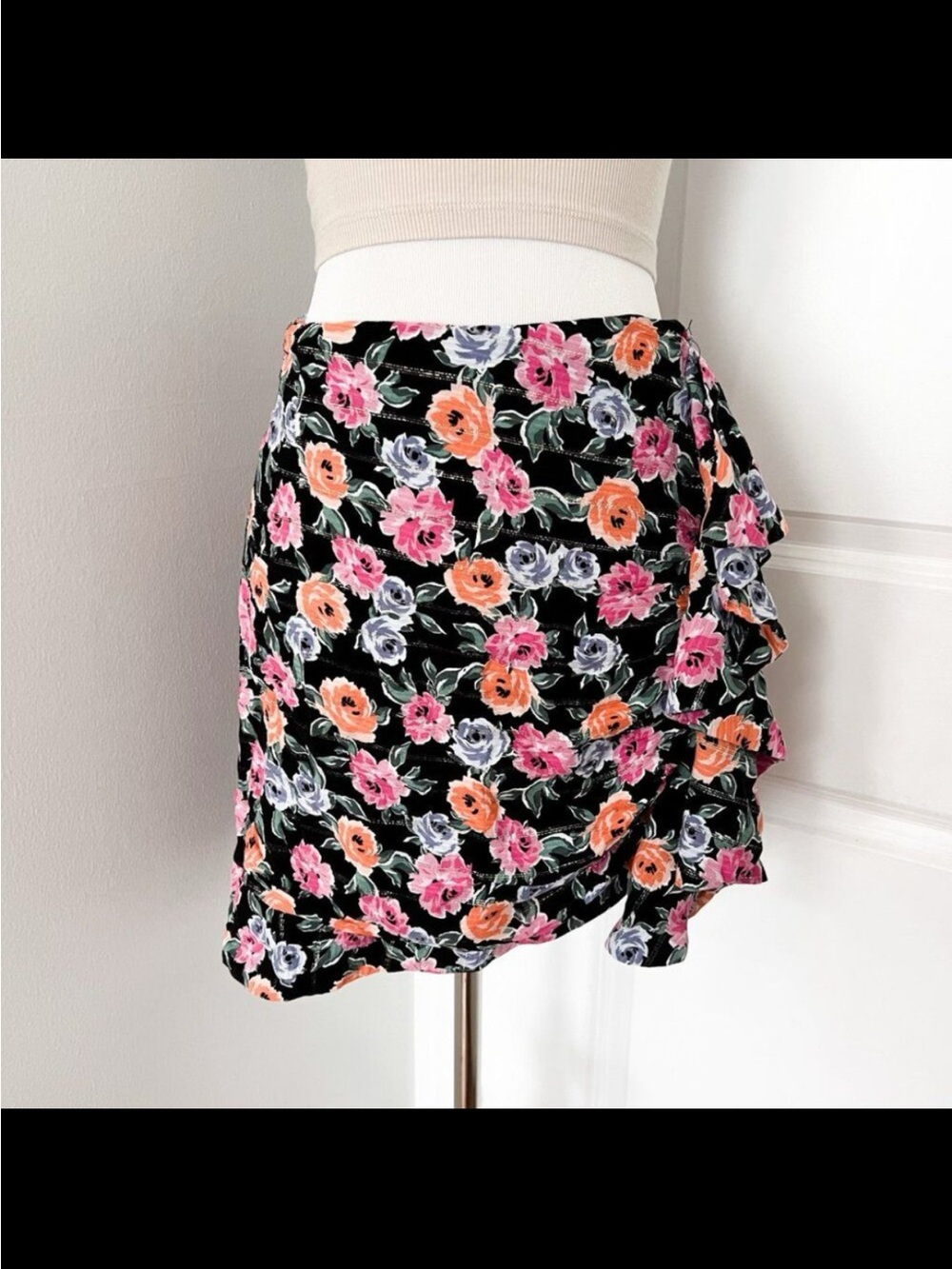 Garage Black Floral Ruffle Wrap Mini Skirt with Pink & Orange Flowers